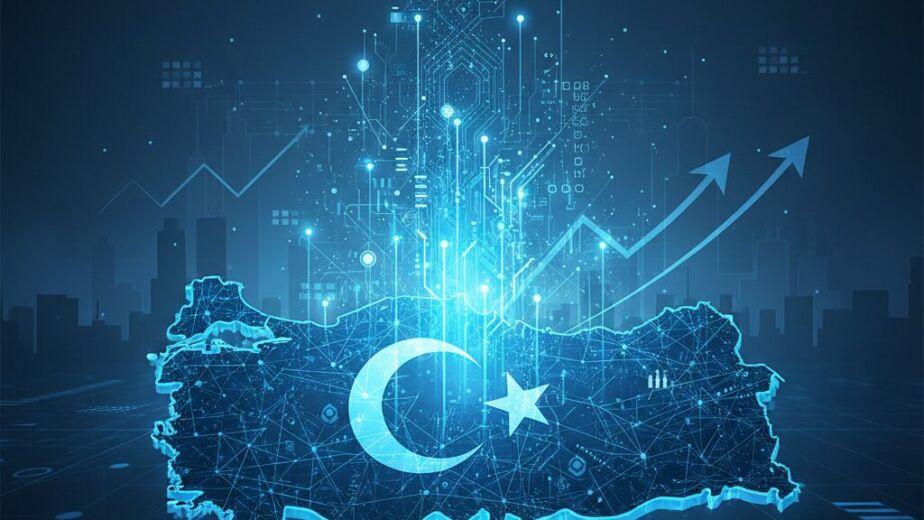 “Türkiye haritası üzerinde dijital ağlar ve yükselen grafiklerle gösterilen türk yapay zeka firmaları ekosistemi ve teknolojik büyüme”