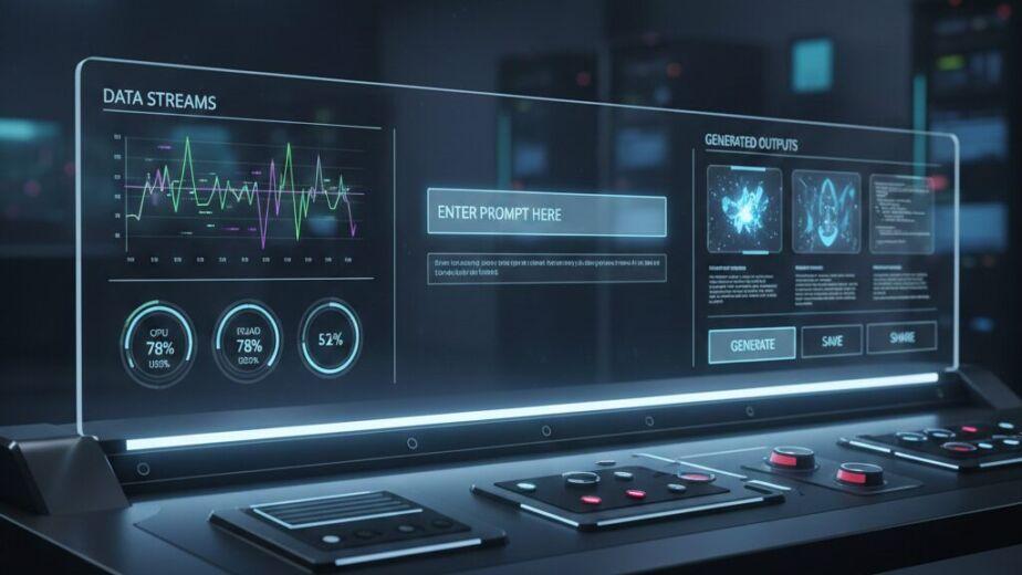 Prompt nedir? Yapay zeka arayüzünde veri akışları, analiz ekranları ve doğru prompt girme alanını gösteren futuristik kontrol paneli