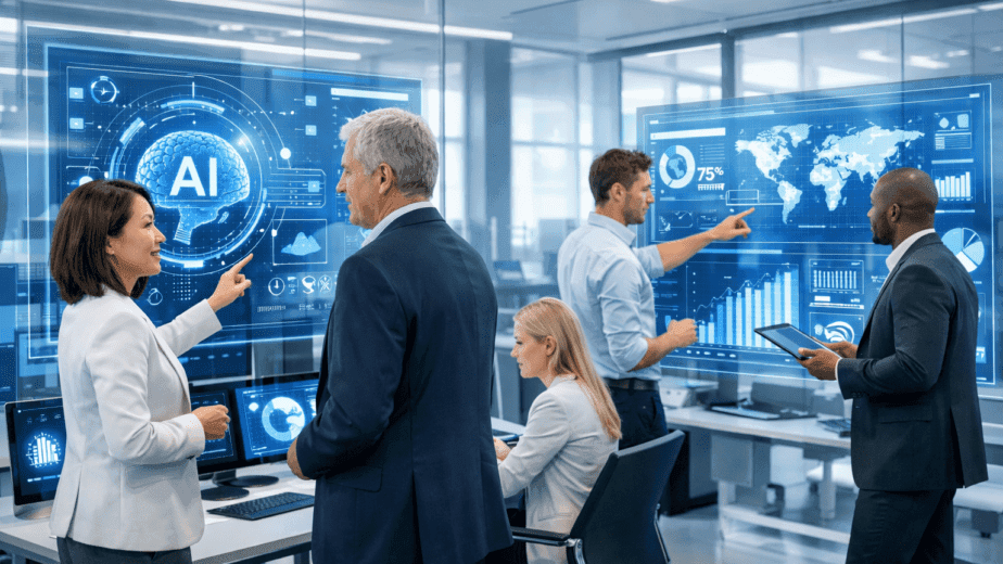 Modern ofis ortamında holografik yapay zeka araçları ile çalışan profesyoneller, veri analitiği ekranları, grafikler ve AI ikonlarıyla iş birliği yapıyor.