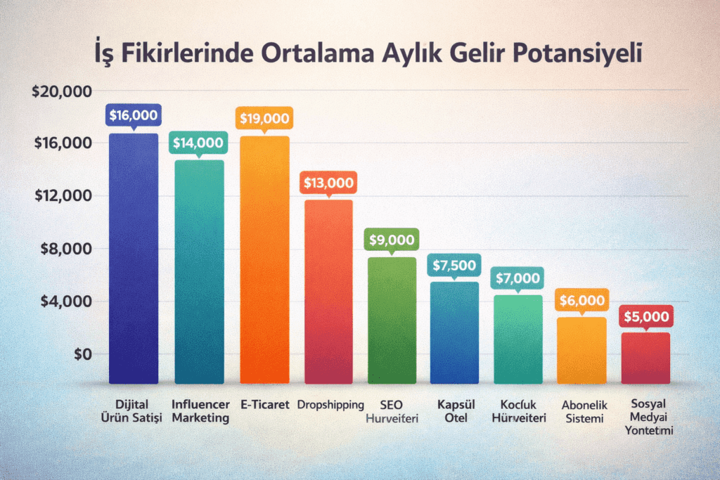 Yapay zeka iş fikirleri gelir karşılaştırması - 12 farklı AI tabanlı iş modelinin aylık kazanç potansiyelini gösteren bar grafik (5.000-150.000 TL arası)