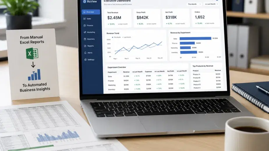 Yapay zeka ile raporlama otomasyonu sayesinde Excel verilerinin akıllı dashboard üzerinde analiz edildiği sade iş zekası ekranı