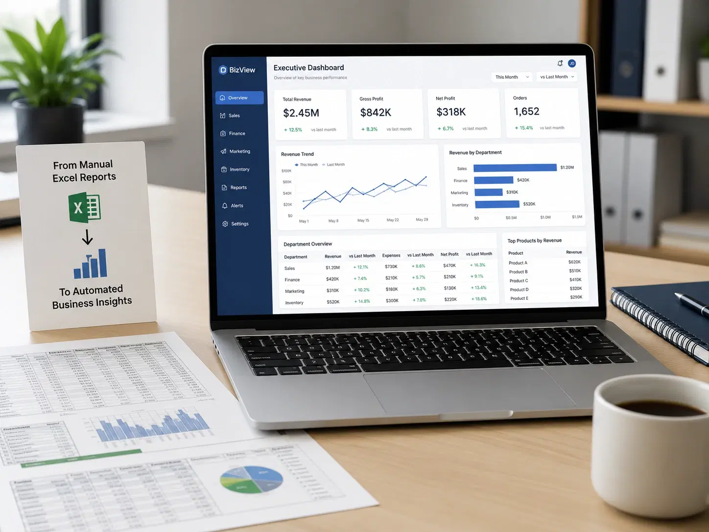 Yapay zeka ile raporlama otomasyonu sayesinde Excel verilerinin akıllı dashboard üzerinde analiz edildiği sade iş zekası ekranı
