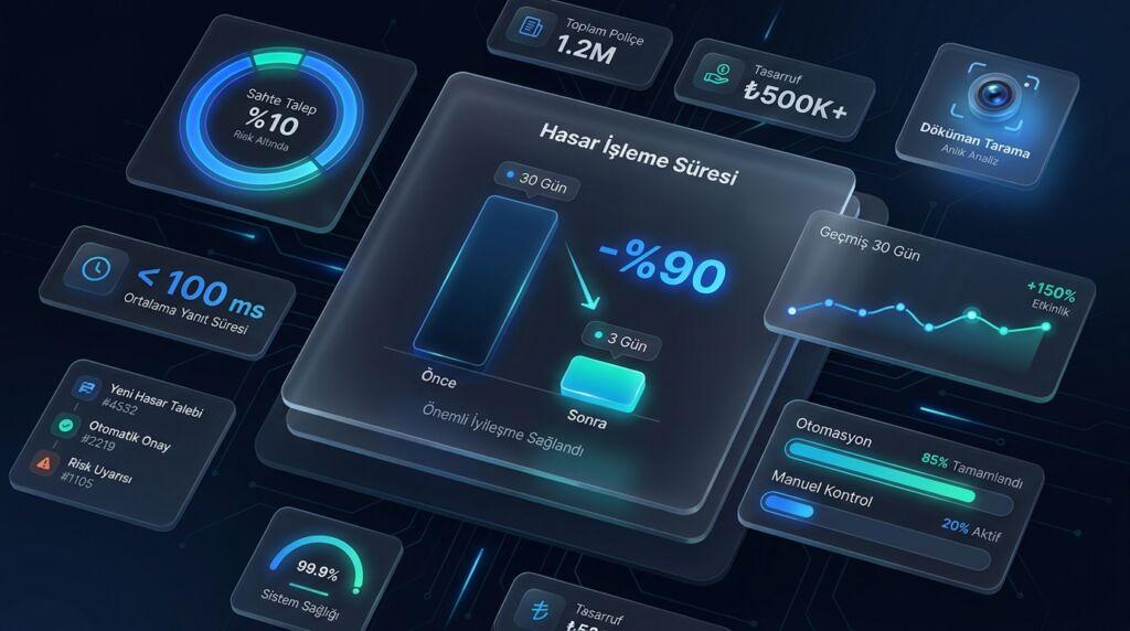 Sigorta hasar otomasyonu yapay zeka ile işlem süresini 30 günden 3 güne indiren ve sahte talepleri azaltan dashboard görseli