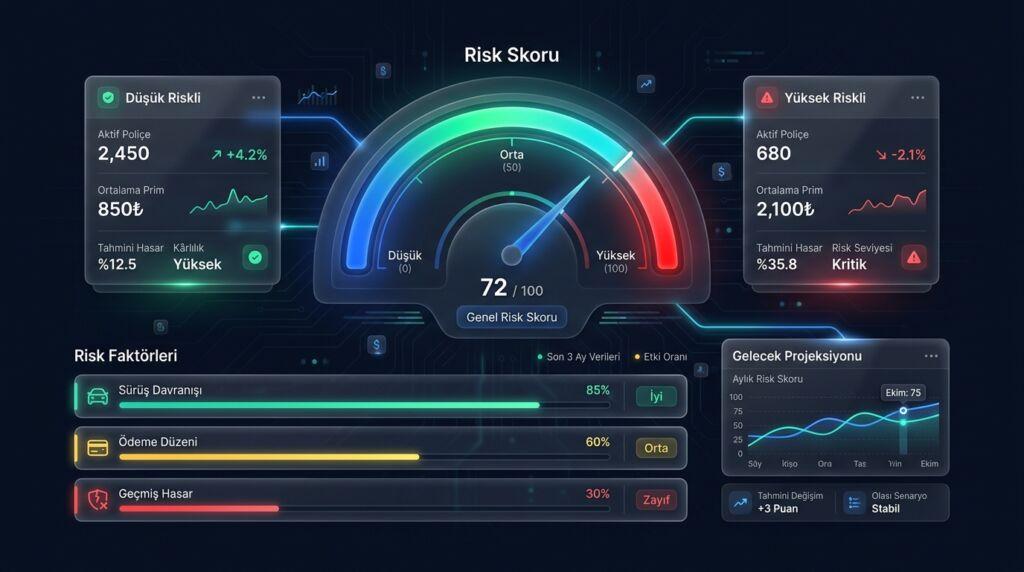 Sigortacılıkta risk fiyatlama için yapay zeka risk skoru göstergesi ile düşük ve yüksek riskli müşteri profillerinin karşılaştırması


