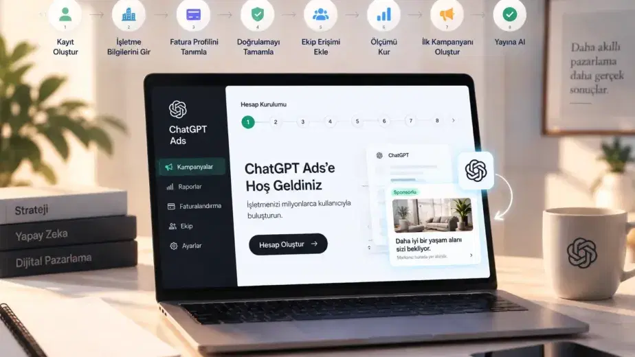 ChatGPT reklam hesabı nasıl açılır? Kayıt oluşturma, işletme ve fatura bilgilerini tanımlama, doğrulama, ekip erişimi, ölçüm kurulumu ve ilk kampanyayı yayına alma adımlarını gösteren ChatGPT Ads hesap kurulum görseli.