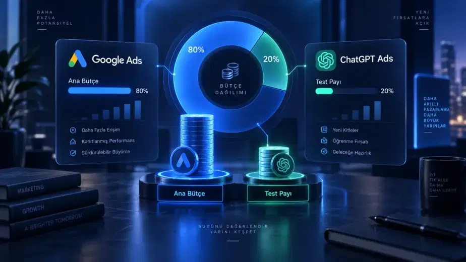 Google Ads bütçesi ve ChatGPT Ads dağılımı; ana reklam bütçesinin korunarak ChatGPT Ads için ayrı bir test payı oluşturulmasını ve iki kanal arasında kontrollü bütçe dağılımını gösteren dijital pazarlama görseli.