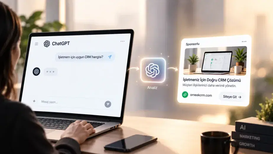 ChatGPT reklamları nasıl çalışır? Kullanıcının sohbet bağlamının analiz edilerek ilgili sponsorlu reklam kartının gösterilmesini anlatan ChatGPT reklam sistemi görseli.