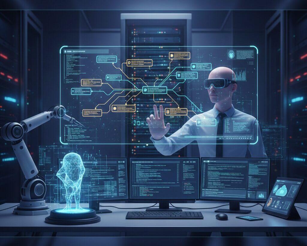 Yapay zeka prompt mühendisliği sürecini gösteren, dijital arayüzler ve veri akışlarıyla workflow optimizasyonunu anlatan görsel