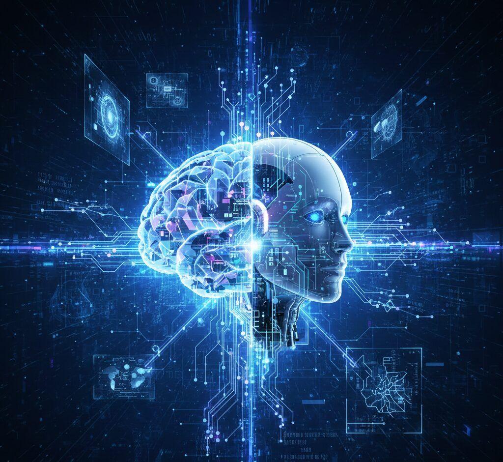 Yapay zeka hizmetleri ve dijital dönüşüm süreçlerini temsil eden gelişmiş robot beyin görseli.