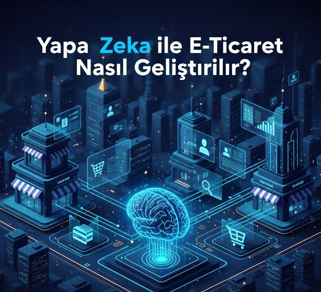 Yapay zeka ile e-ticaret süreçlerinin geliştirildiğini gösteren dijital şehir temalı görsel, AI destekli ürün önerileri, müşteri verileri ve akıllı alışveriş sistemlerini simgeliyor.