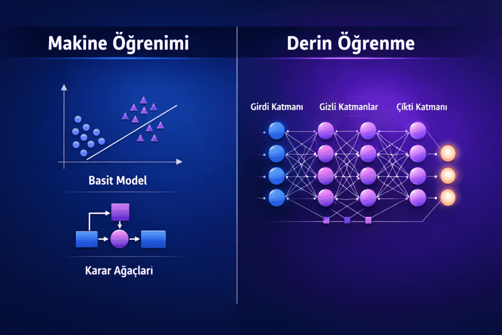 makine öğrenimi ve derin öğrenme farkları karşılaştırma