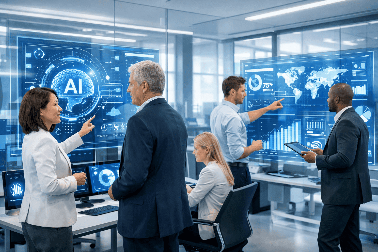 Modern ofis ortamında holografik yapay zeka araçları ile çalışan profesyoneller, veri analitiği ekranları, grafikler ve AI ikonlarıyla iş birliği yapıyor.