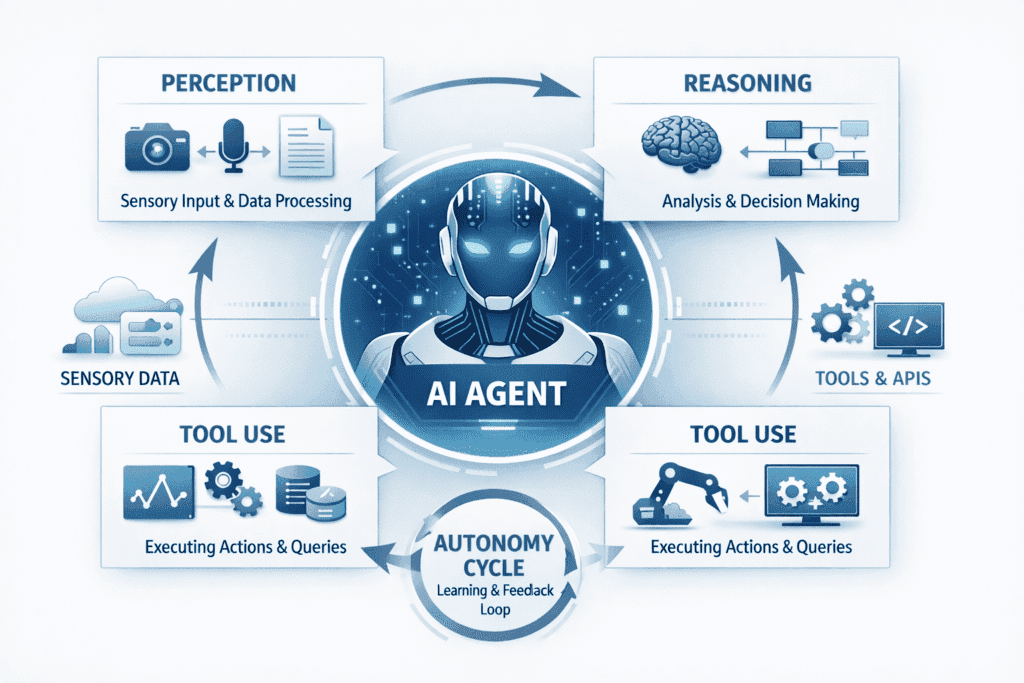 AI Agent çalışma mantığını gösteren perception reasoning tool use autonomy diyagramı