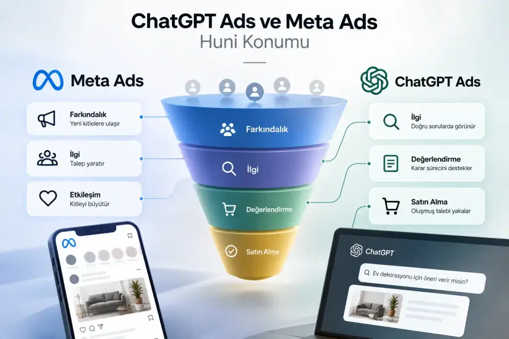 ChatGPT Ads ve Meta Ads huni konumu; Meta Ads’in farkındalık ve ilgi aşamalarında talep yaratmasını, ChatGPT Ads’in ise değerlendirme ve satın alma aşamalarında oluşmuş talebi yakalamasını gösteren karşılaştırmalı pazarlama hunisi görseli.